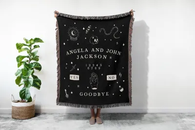Custom Spirit Board Woven Blanket, Gothic Halloween Tapestry With Name, Personalized Couch Throw, Spooky Handmade House Decor