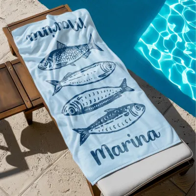 Personalized Sardine Stripe Beach Towel, Custom Name Summer Vacation Pool Towel, Bachelorette Party Favor Gift