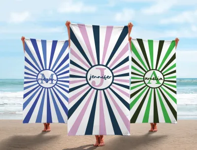 Rainbow Retro Stripe Beach Towel, Personalized Name Pool Towel, Fun Vacation Gift, Bachelorette Party Towel