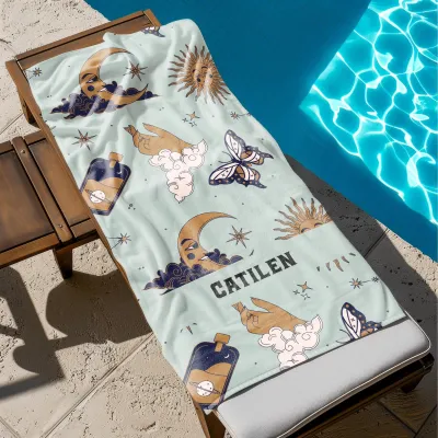 Celestial Name Beach Towel,Custom Boho Sun & Moon Pool Towel Vintage Tarot, Astrology, Witchy Vibes – Personalized Summer Gift.
