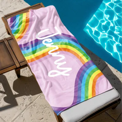 Personalized Kids Beach Towel – Custom Name Towel for Girls & Boys, Rainbow Colors, Fun Summer Gift for Kids, Colorful Towel with Name