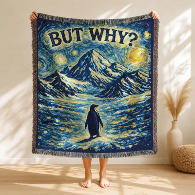 Woven Nihilist Penguin Blanket, But Why? I’m Really Cold But I’m Being Really Brave About It, Existential Humor Viral Meme,Funny Winter Gift