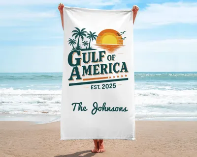 Gulf of America Personalized Beach Towel, Custom Family Name, 4th of July Gift, USA Patriotic, Summer Pool Party,Travel & Vacation Essential