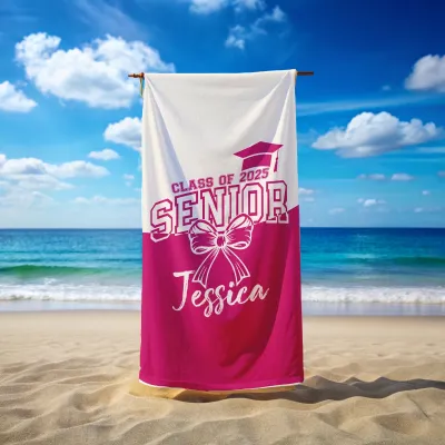 Senior 2025 Pink Bow Towel, Coquette Graduation Towel, Class of 2025 Personalized Gift, Custom Name Beach Towel for Her, Grad Gift