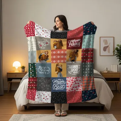 Personalized Family Photo Blanket for Mom, Custom Quilt Pattern, Cozy Christmas Gift From Children