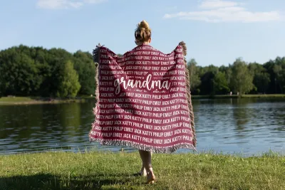 Personalized Grandparent Woven Blanket, Custom Christmas Gift For Mom/Dad, Grandchildren Name Tapestry, Keepsake Quilt Blanket Present