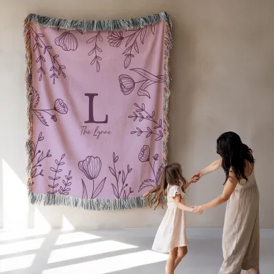 Family Name Flower Blanket, Last Name Woven Tapestry, Wedding Anniversary Gift With Initials, Christmas Present For Family, Gift For Mom