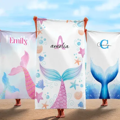 Custom Mermaid Tail Towel with Name, Personalized Beach Towel, Bachelorette Pool Party Favor, Mermaid Trip Gift