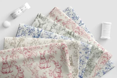 Bunny Rabbit Chinoiserie Fabric, Canvas Fleece Velvet Scuba, Vintage Floral Oriental Cotton by Yard Fat Quarter Cut, Blue Willow Hare Style