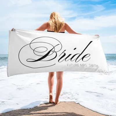 Bride Beach Towel, Custom Name Bridesmaid Towels, Gift for Groom, Gift for Maid of Honor, Bachelorette Party Favor, Honeymoon Vacation Gift