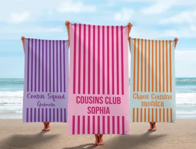 Personalized Cousin Crew Beach Towel, Retro Groovy Striped Towel, Custom Family Vacation Gift