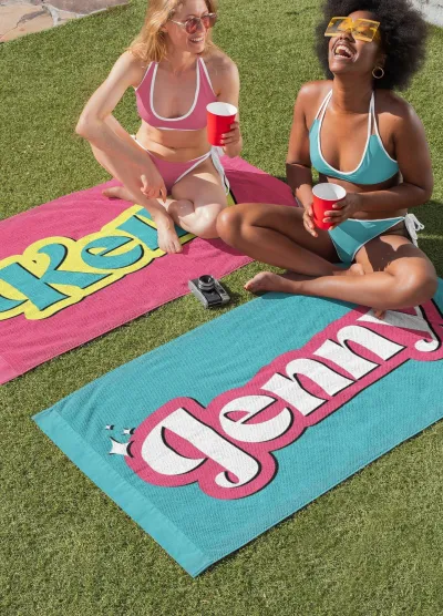 Retro Style Personalized Beach Towel, Custom Name Bath Towel, Birthday Summer Vacation Gift for Kids, Bride Bachelorette Party, Neon Colors
