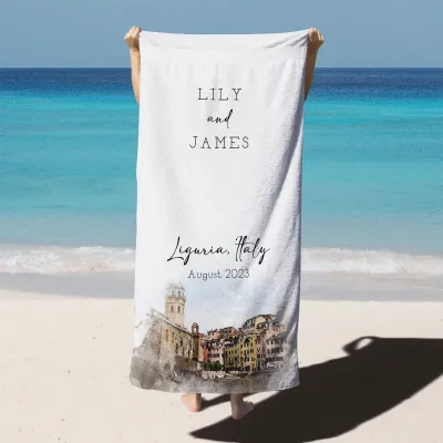 Custom Destination Vacation Beach Towels, Personalized Beach House Towel, Family Trip, Bachelorette Trip, Honeymoon Gift, Keepsake Gift