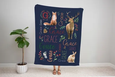 Custom Name Blanket With Woodland Animals, Personalizable Couch Throw, Winter Animals Nursery Decor, Baby Blanket, Christmas Gift