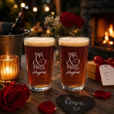 Personalized Couple Pint Glass Set, Engraved Mr & Mrs Beer Glasses, Custom Wedding Gift for Couple, Anniversary Gift, Newlywed Gift