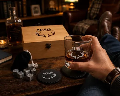 Custom Whiskey Gift Set for Him - Engraved Red Alder Box, 2 Whiskey Glasses, Slate Coasters, Granite Stones, Groomsmen Gift