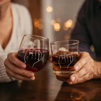 Engraved Bride & Groom Glass Set – Ring Finger Wine and Whiskey Glasses, Matching Wedding Gift for Couple, Engagement or Anniversary Gift
