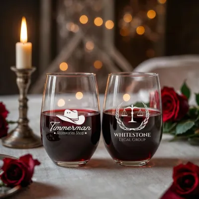 Custom Logo Stemless Wine Glass – Personalized Engraved Glass for Bridesmaid, Wedding, Corporate, Mom, Wife, Birthday, Christmas Gift