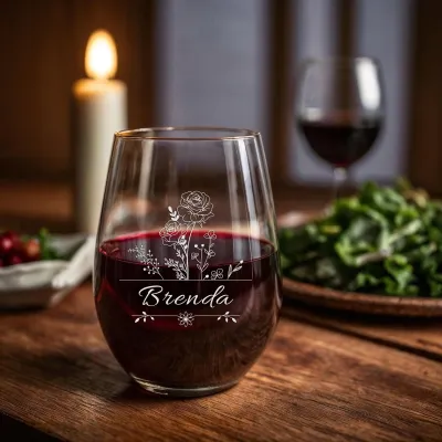 Personalized Birth Flower Wine Glass, Custom Engraved Floral Stemless Glass