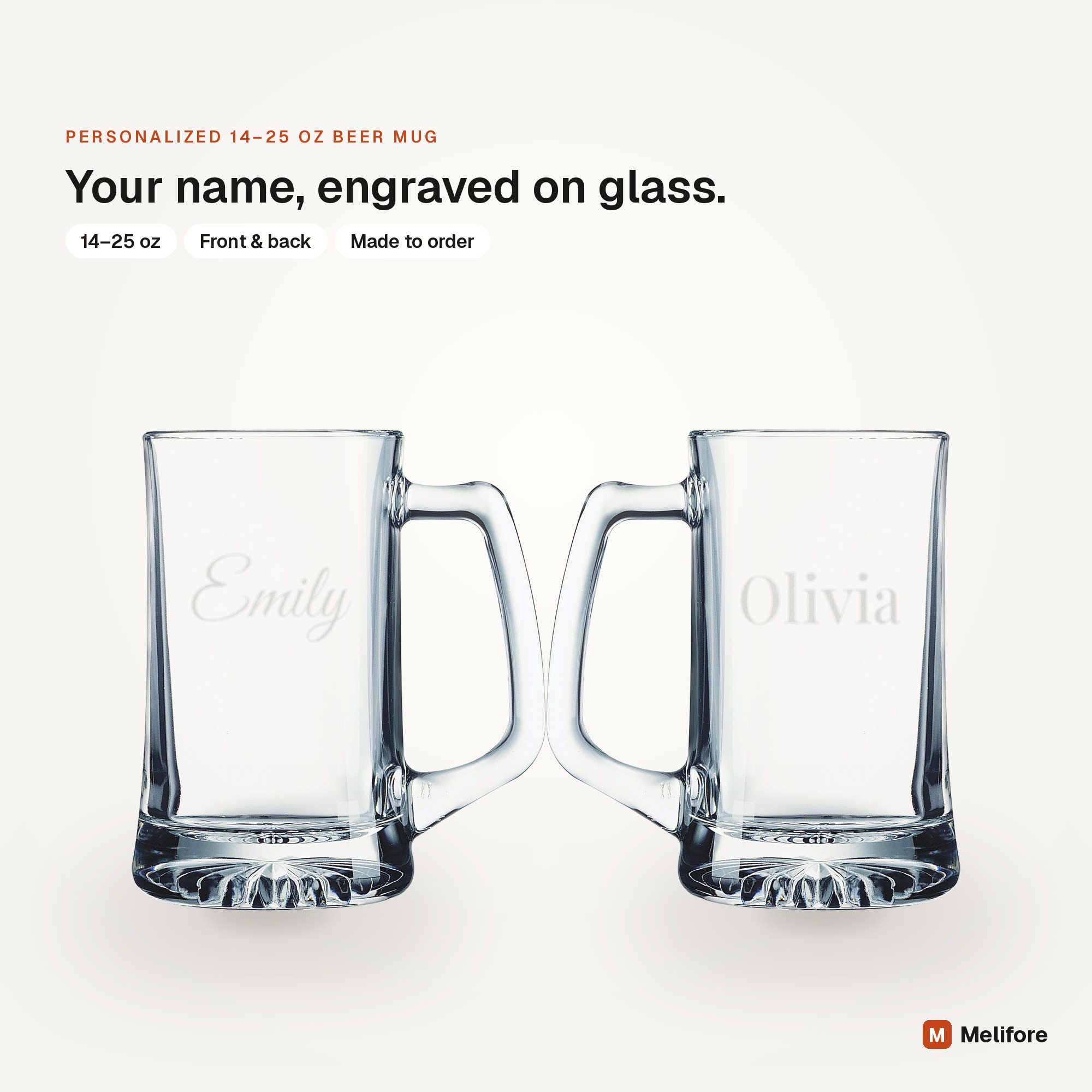Personalized 14–25 oz beer mug, laser engraved with a name