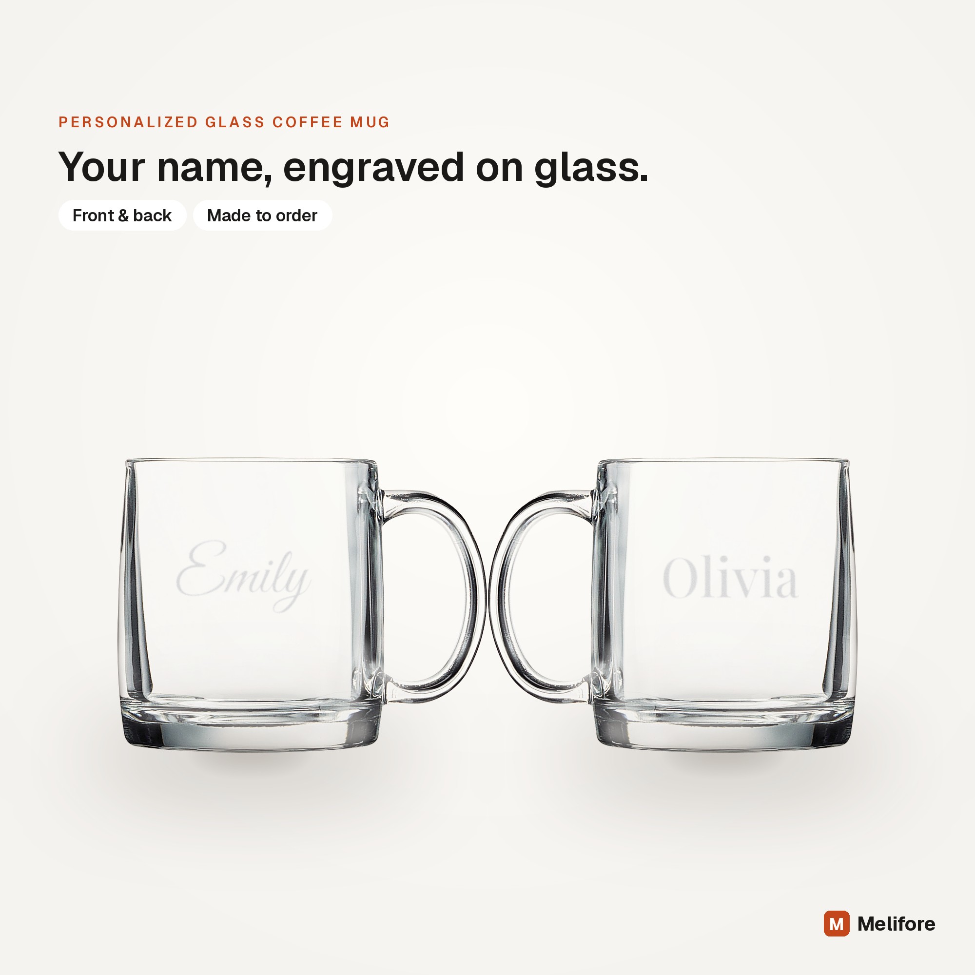 Personalized glass coffee mug, laser engraved with a name