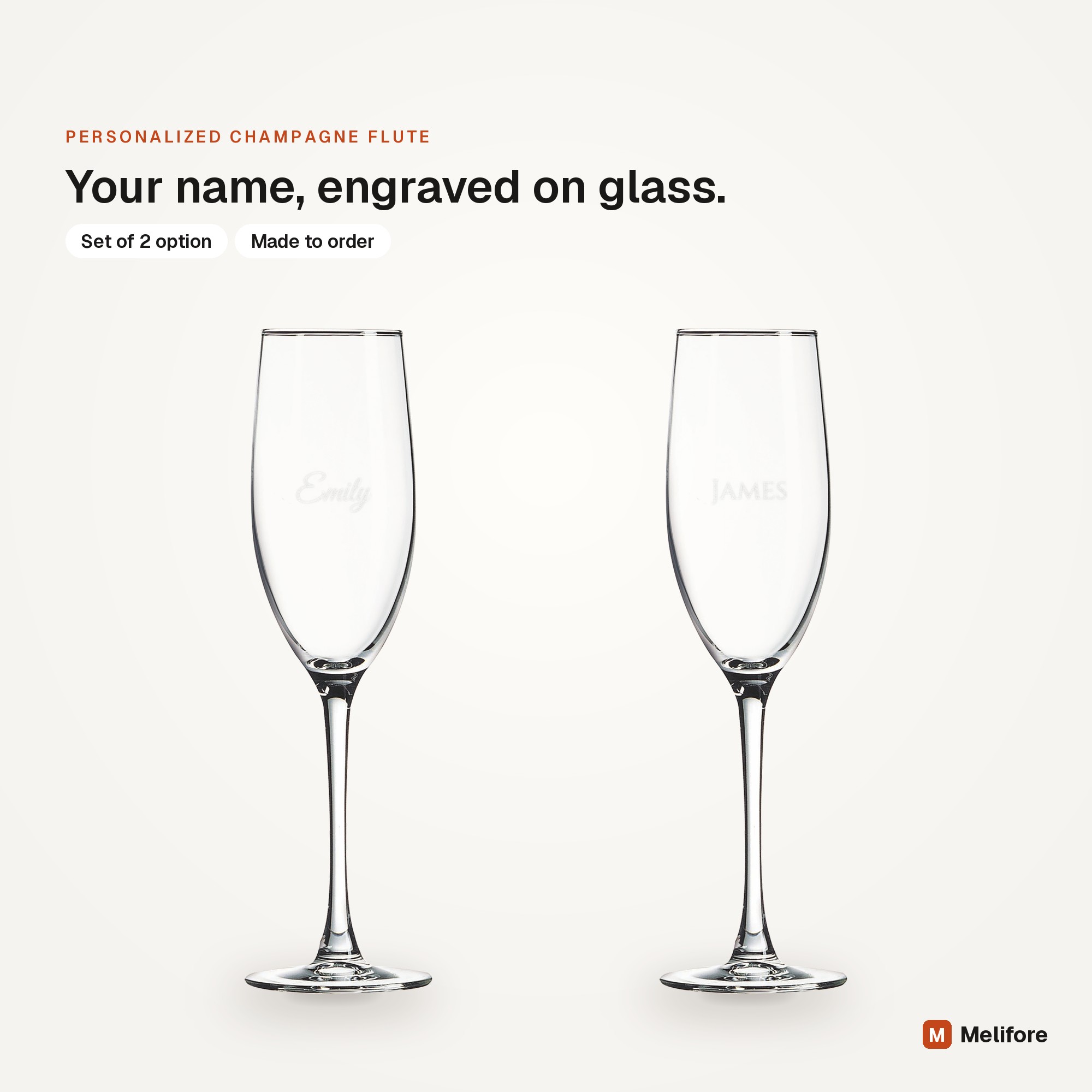 Personalized champagne flute, laser engraved with a name