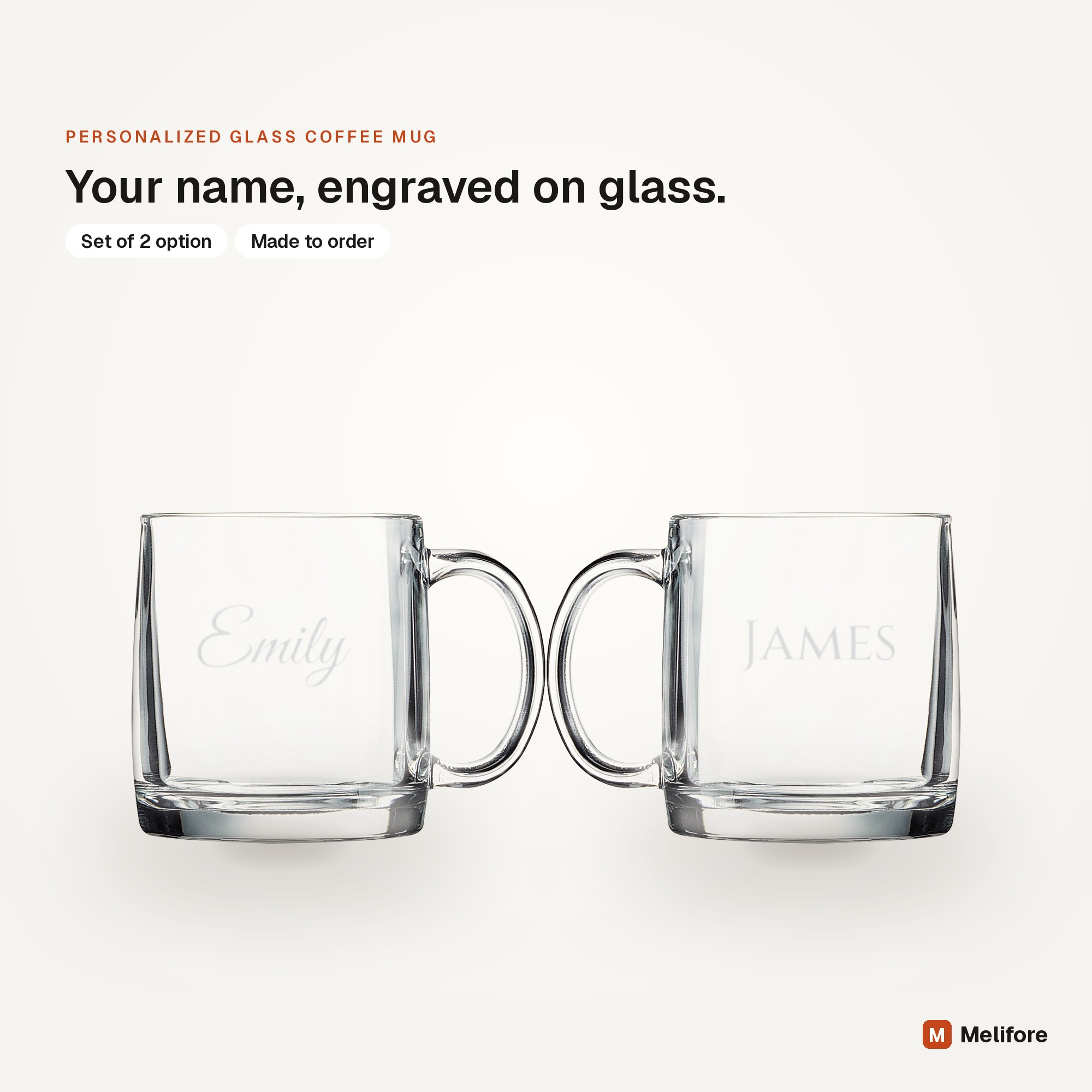 Personalized glass coffee mug, laser engraved with a name