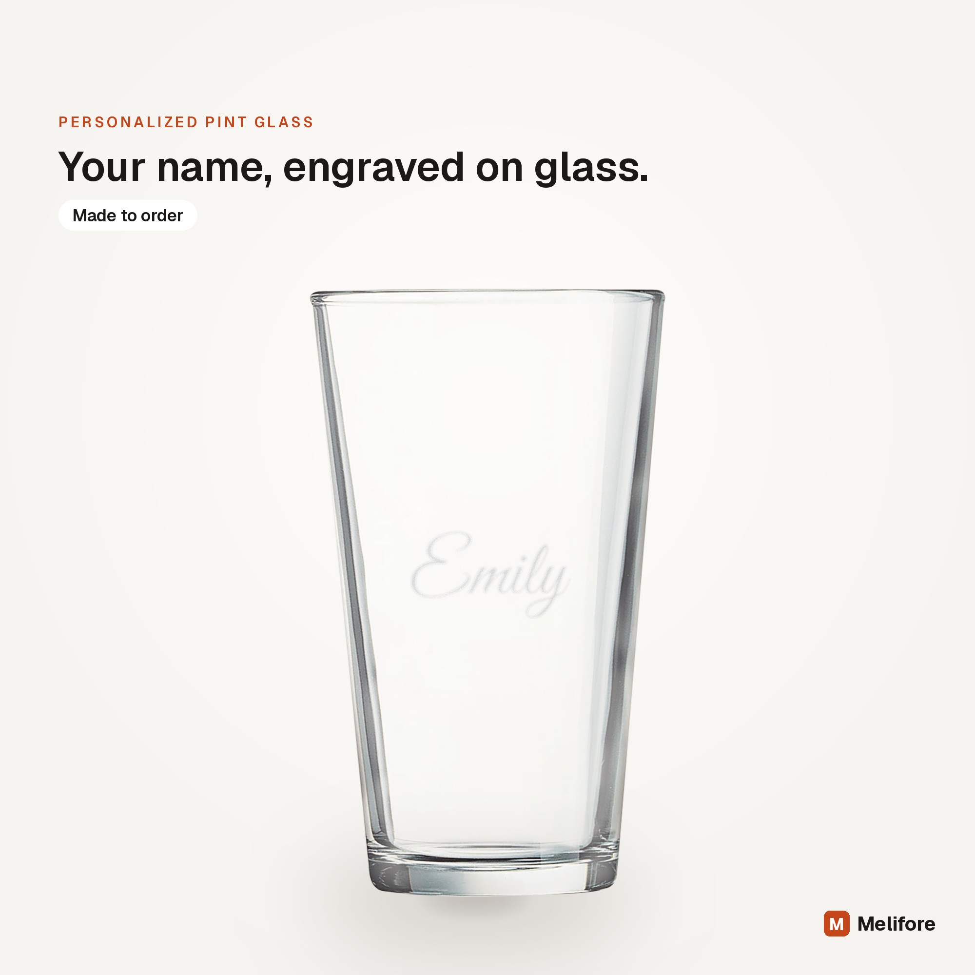 Personalized pint glass, laser engraved with a name