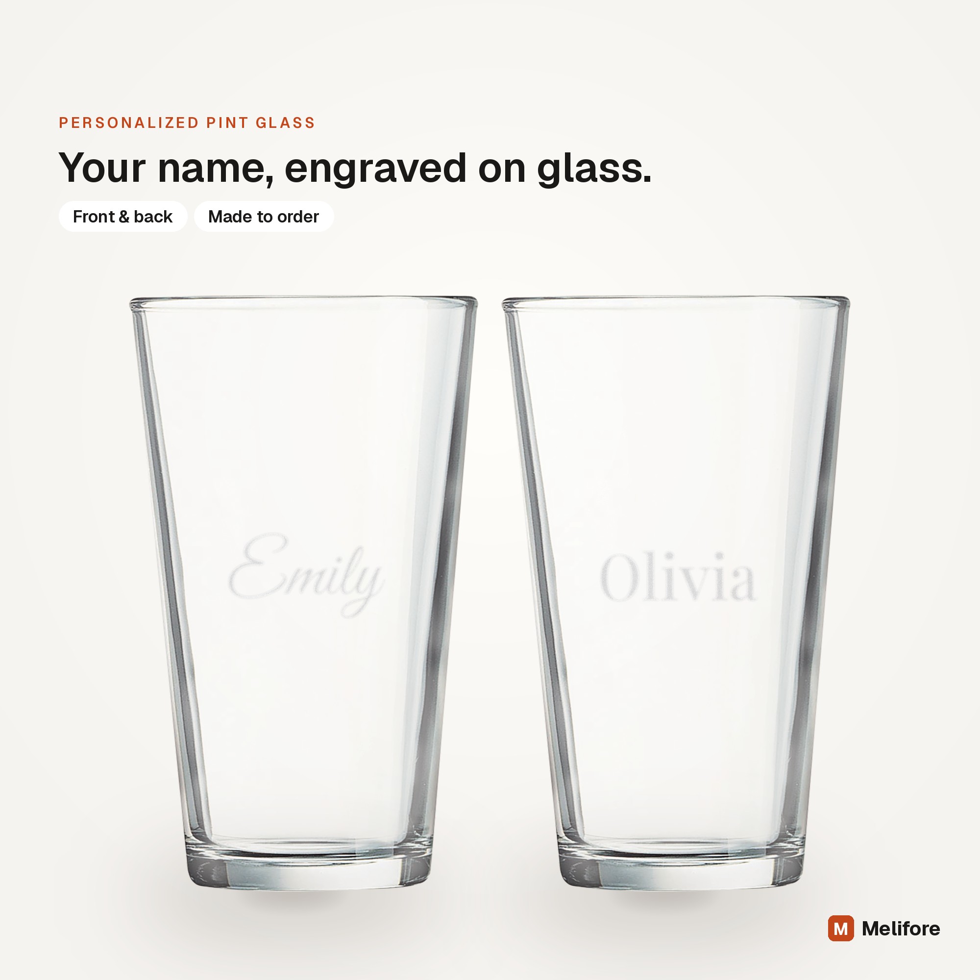 Personalized pint glass, laser engraved with a name