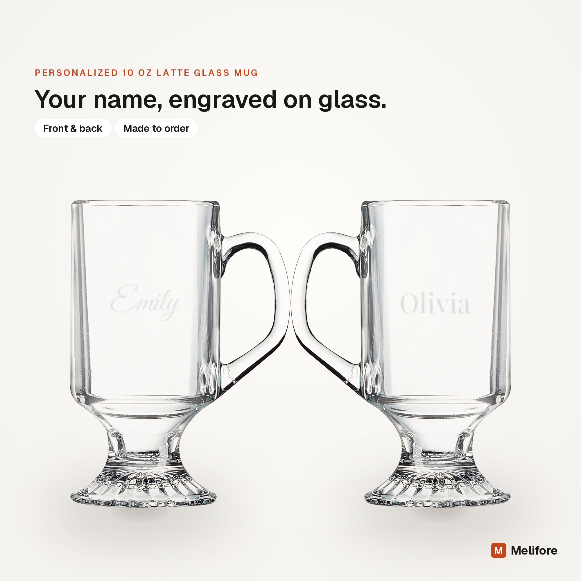 Personalized 10 oz latte glass mug, laser engraved with a name