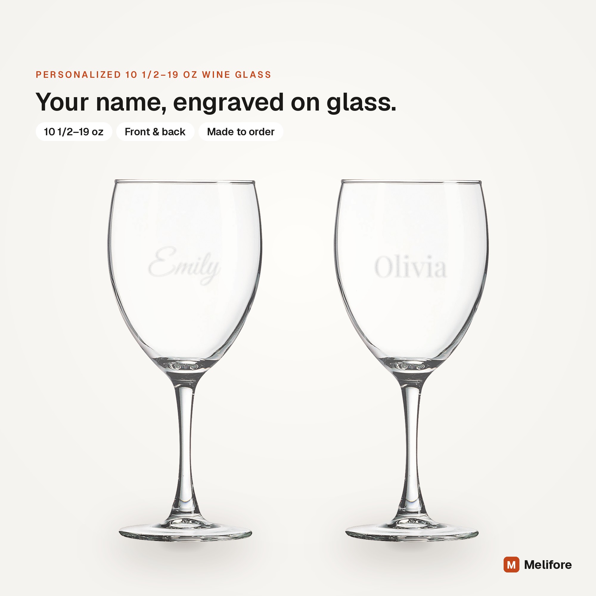 Personalized 10 1/2–19 oz wine glass, laser engraved with a name