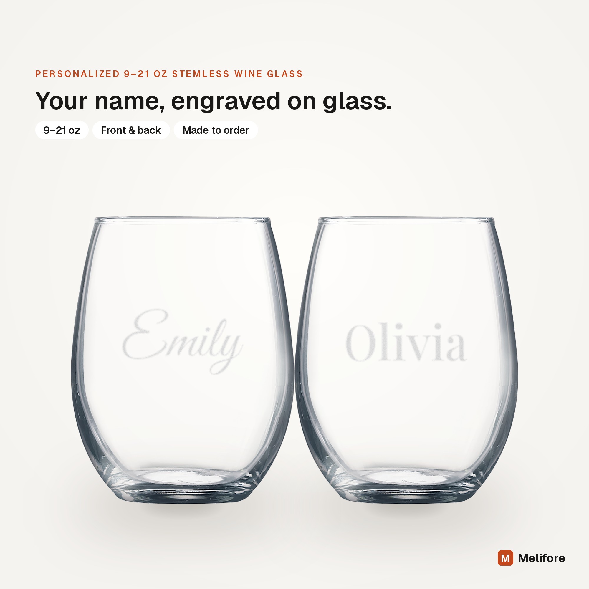 Personalized 9–21 oz stemless wine glass, laser engraved with a name